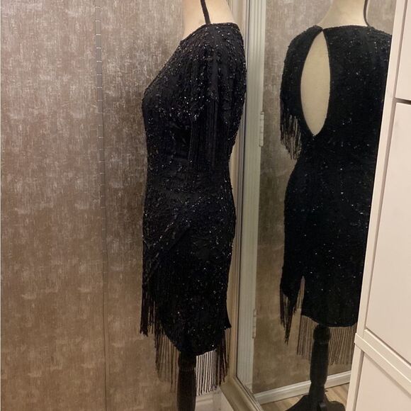 Elegant Black Beaded Fringe Dress, US2 - Picture 8 of 14